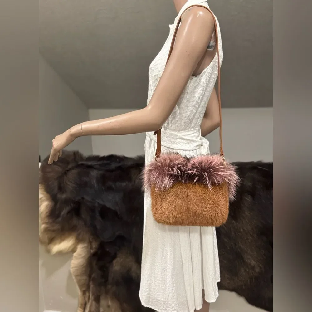 Handmade Real Mink Fur with Finn Raccoon Fur Foldover Flap Bag & 2 Strap Styles